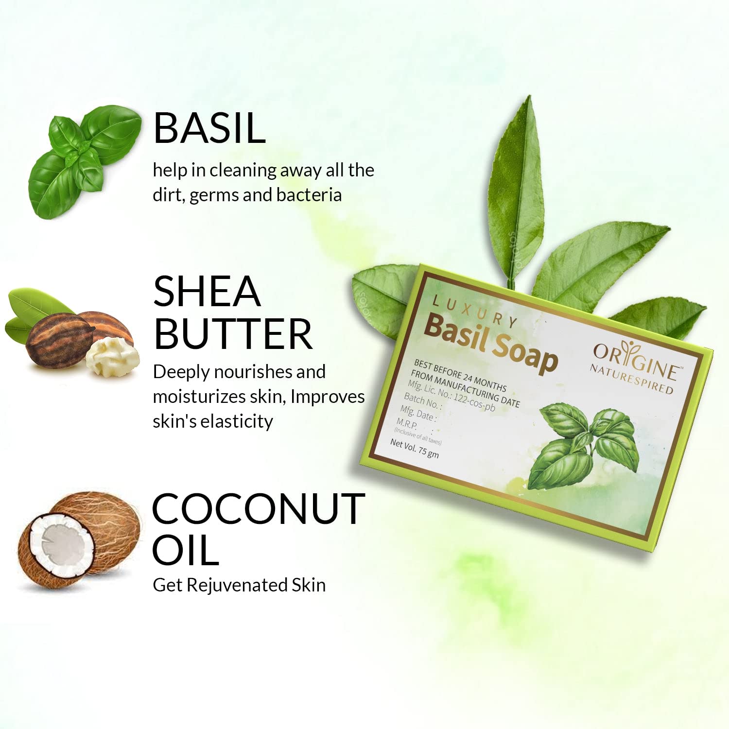 Basil & Shea Butter Soap | For Gentle Cleansing & Skin Hydration, 75 gm