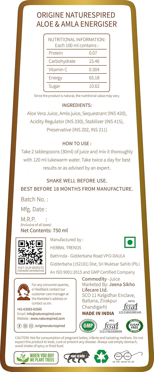 Origine Naturespired Aloevera Amla Juice With Pulp  | 100% Cold Pressed, 750ml
